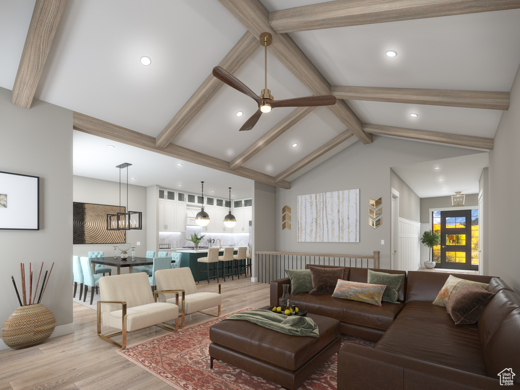 Living room featuring ceiling fan with notable chandelier, light hardwood / wood-style floors, beam ceiling, and high vaulted ceiling