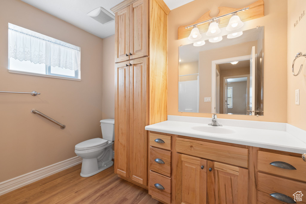 Bathroom featuring oversized vanity, toilet, and wood-type flooring