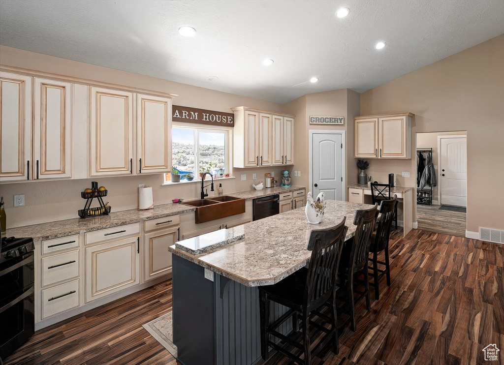 Kitchen with light stone countertops, a center island with sink, dark wood-type flooring, sink, and a breakfast bar