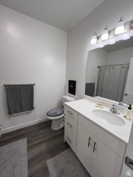 Bathroom with hardwood / wood-style floors, vanity, and toilet