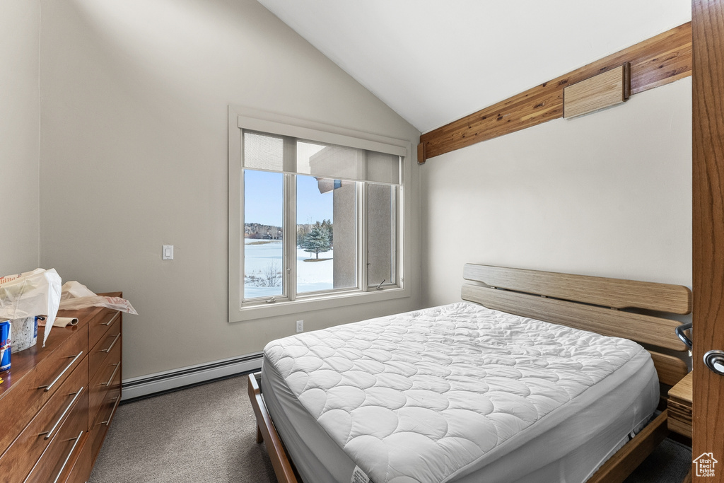 Bedroom with a water view, carpet floors, vaulted ceiling, and a baseboard heating unit