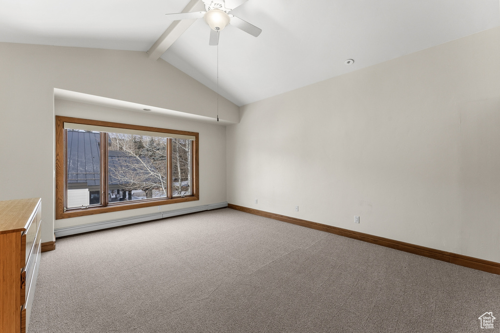 Unfurnished room featuring ceiling fan, light carpet, vaulted ceiling with beams, and a baseboard radiator
