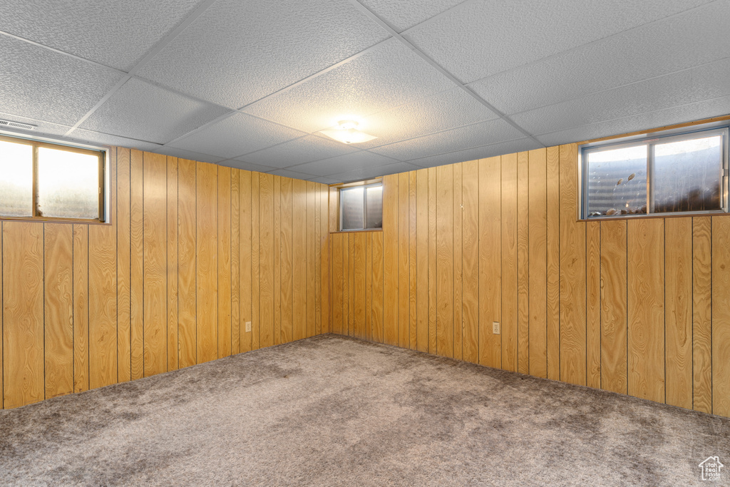 Basement featuring a drop ceiling, wood walls, and carpet flooring