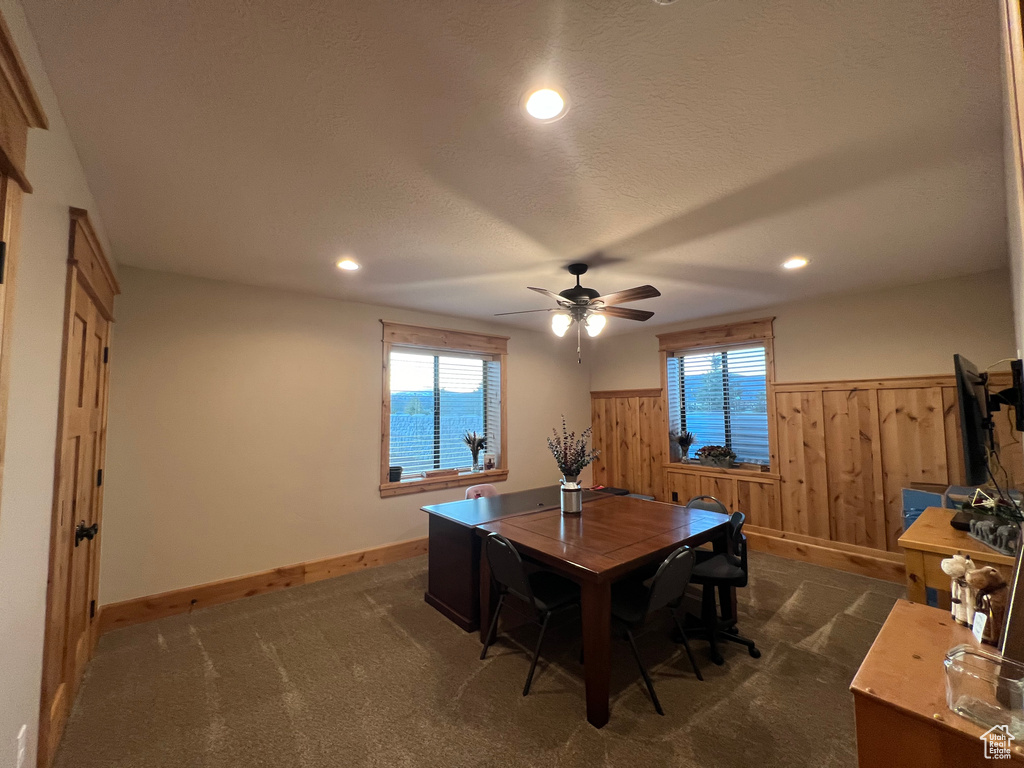 Dining space featuring ceiling fan and dark carpet