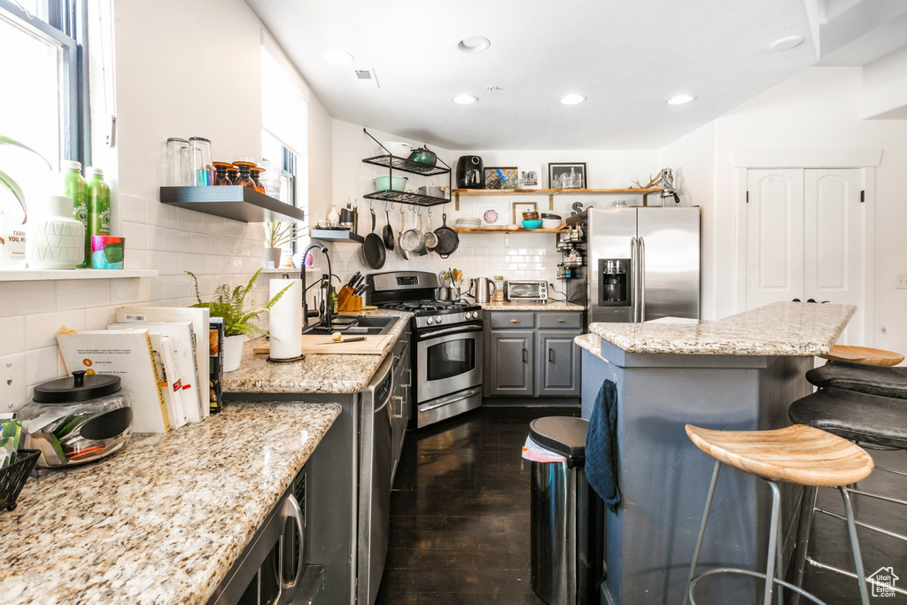 Kitchen featuring tasteful backsplash, stainless steel appliances, light stone countertops, and dark wood-type flooring