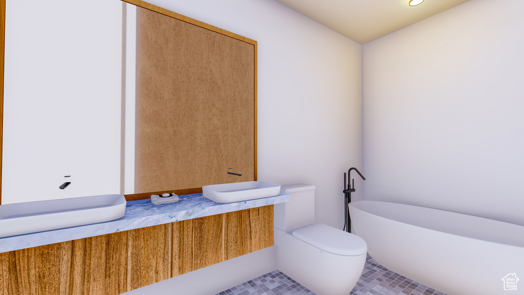 Bathroom with toilet, tile flooring, vanity, and a bath
