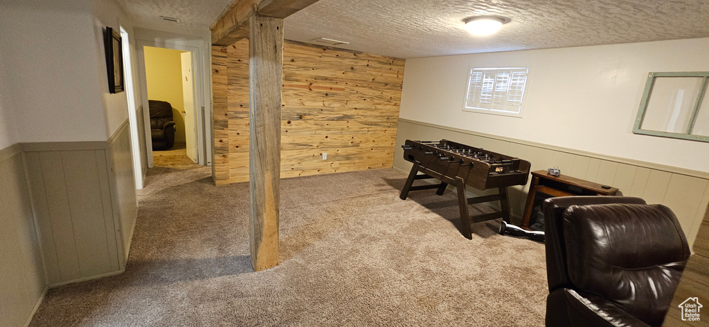 Office space with wood walls, light colored carpet, and a textured ceiling