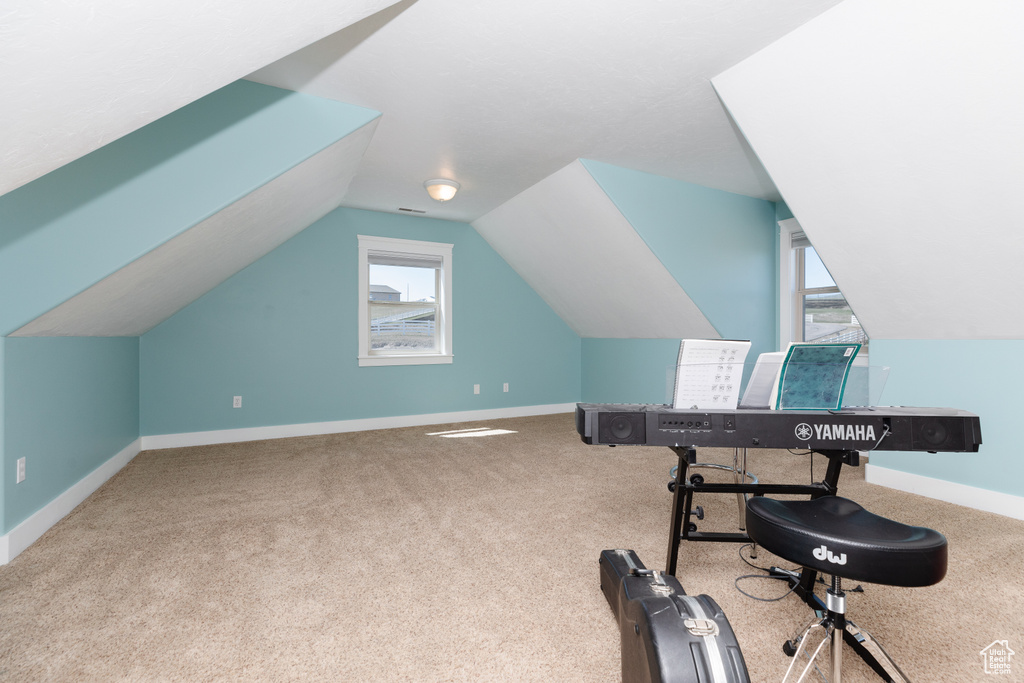 Workout room with a wealth of natural light, vaulted ceiling, and light carpet