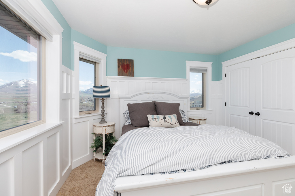 Bedroom featuring light carpet, a closet, and multiple windows