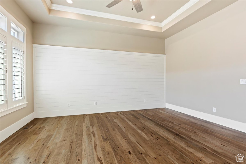 Empty room featuring plenty of natural light, a raised ceiling, and dark hardwood / wood-style floors