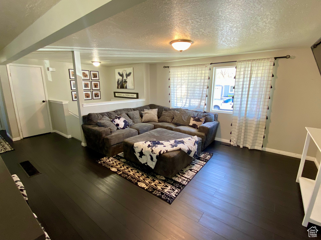 Living room with dark hardwood / wood-style flooring and a textured ceiling