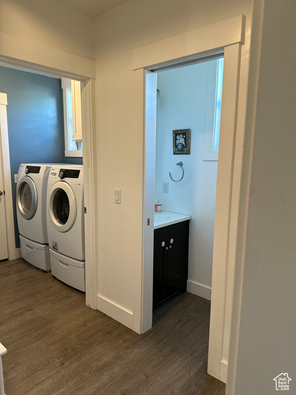 Laundry room featuring dark hardwood / wood-style flooring and separate washer and dryer