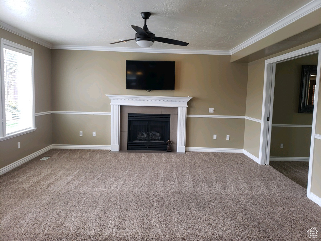 Unfurnished living room featuring a fireplace, a wealth of natural light, and dark colored carpet