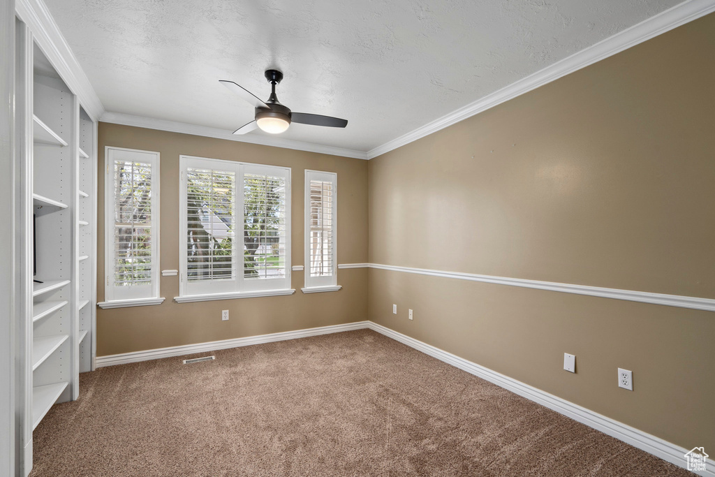 Spare room with ceiling fan, crown molding, and dark colored carpet
