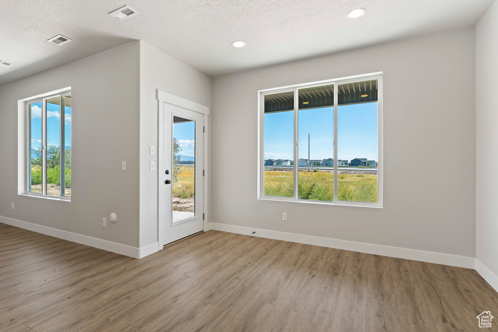 Spare room featuring plenty of natural light, a textured ceiling, and light wood-type flooring