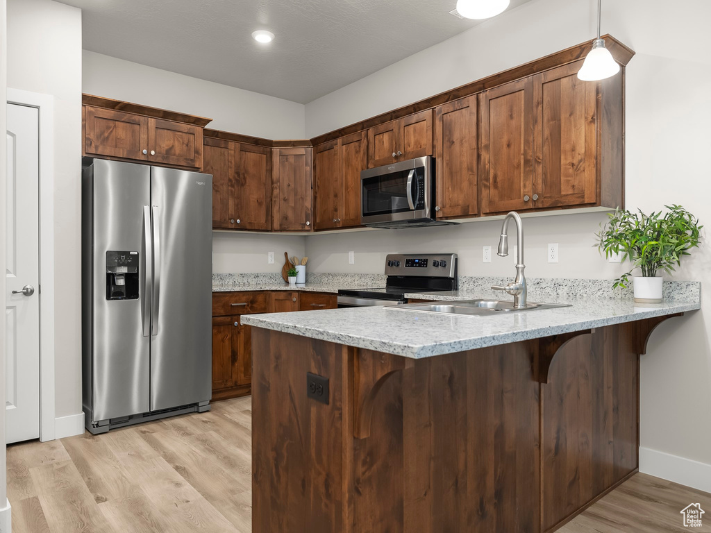 Kitchen featuring sink, kitchen peninsula, pendant lighting, light hardwood / wood-style floors, and appliances with stainless steel finishes