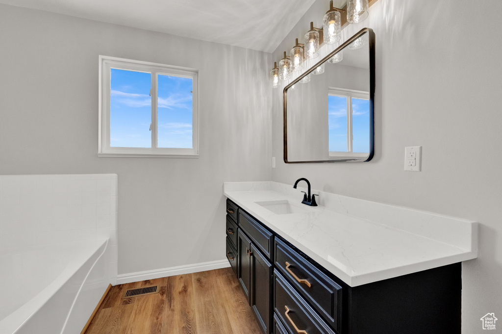 Bathroom with hardwood / wood-style floors, a bath, and vanity