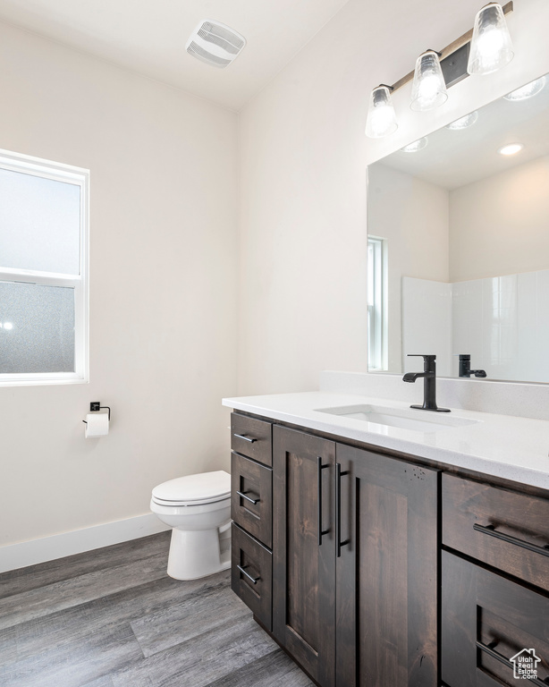 Bathroom featuring wood-type flooring, vanity, and toilet