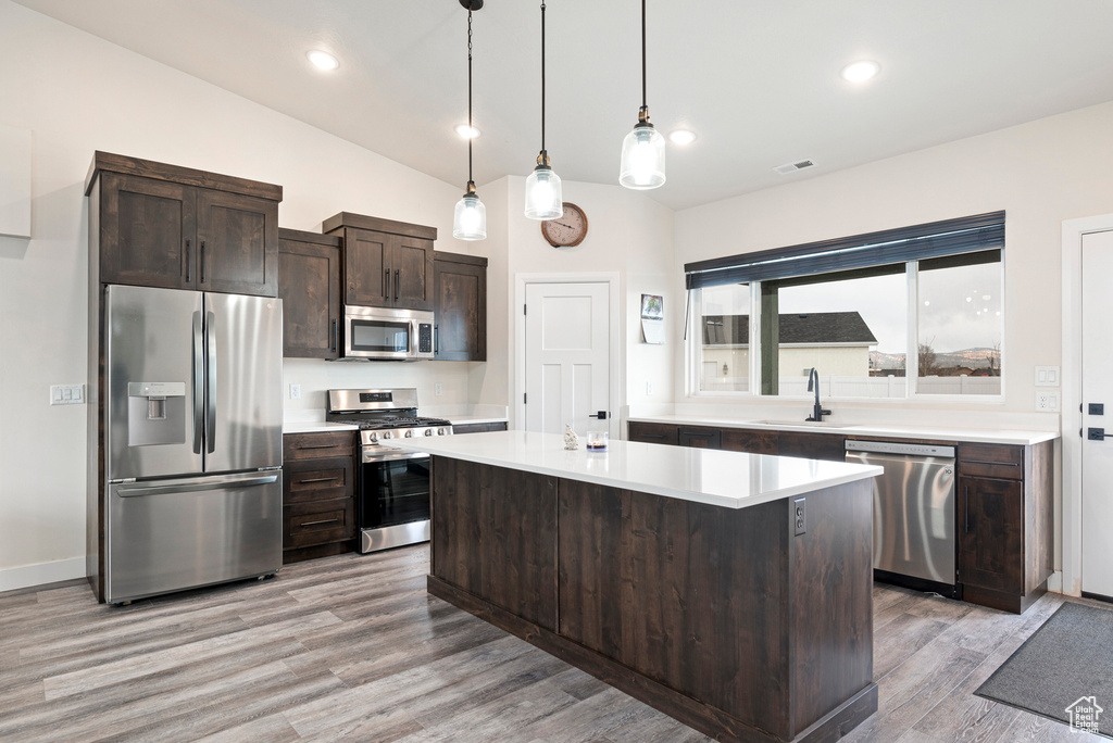 Kitchen featuring dark brown cabinetry, a kitchen island, hanging light fixtures, stainless steel appliances, and light hardwood / wood-style flooring