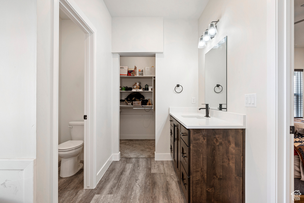 Bathroom featuring toilet, vanity with extensive cabinet space, and hardwood / wood-style flooring