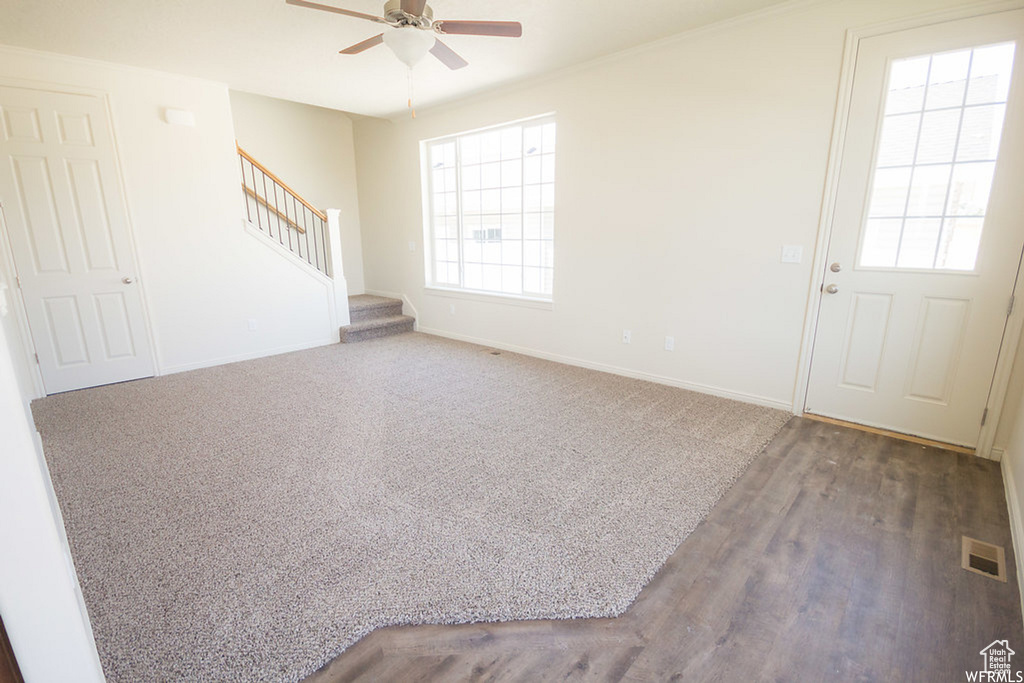 Interior space featuring ceiling fan and carpet flooring