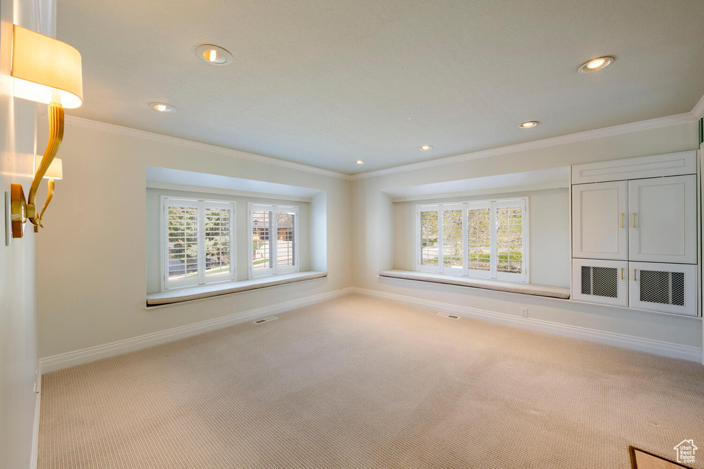 Unfurnished living room featuring light carpet and crown molding