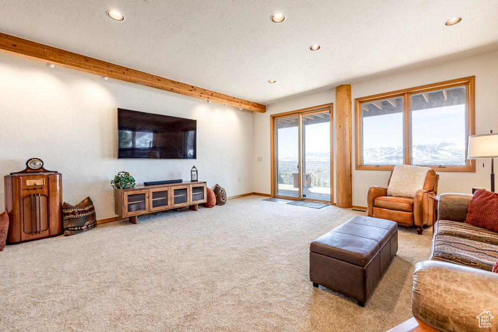 Living room with light colored carpet and beamed ceiling