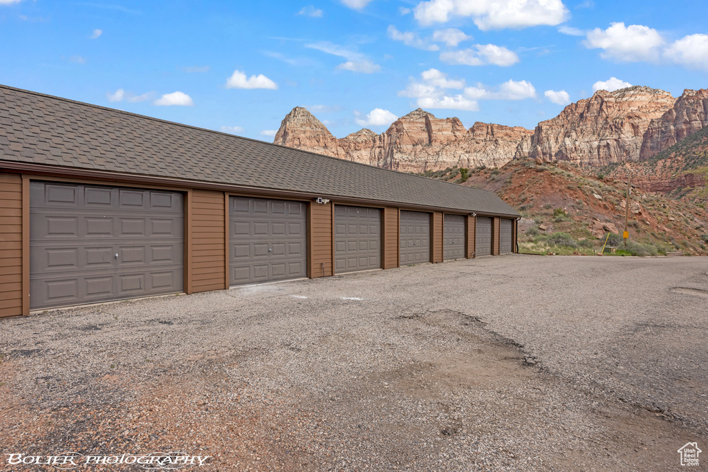 Garage with a mountain view