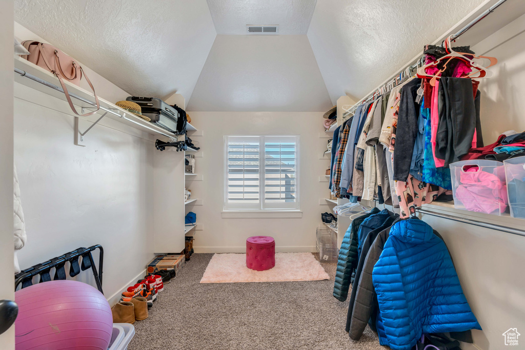 Spacious closet with light colored carpet and lofted ceiling