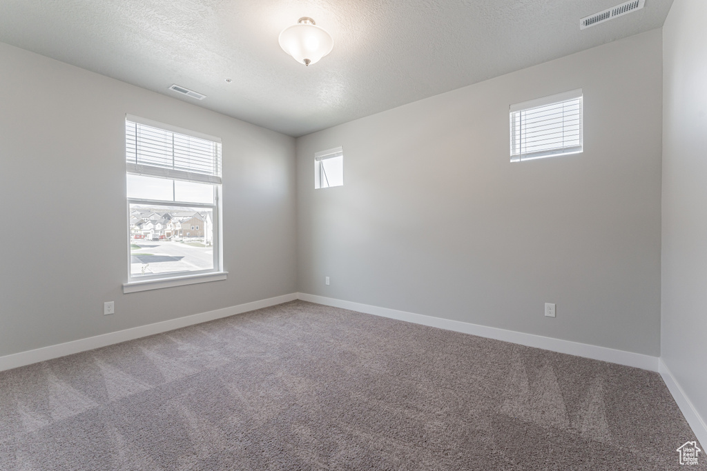 Carpeted spare room with a textured ceiling