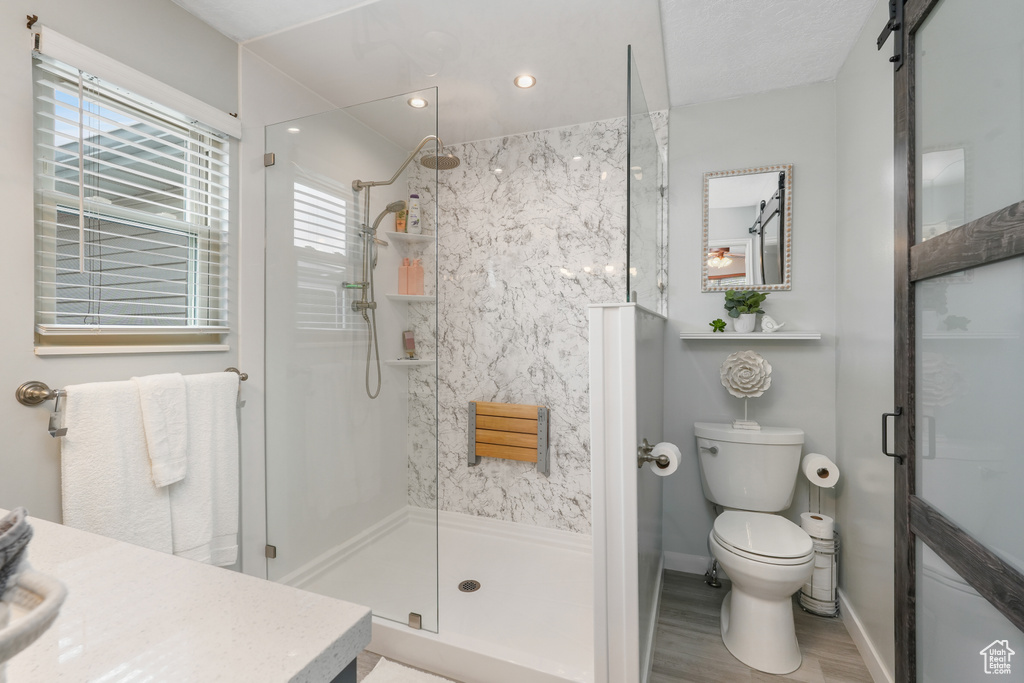 Bathroom featuring wood-type flooring, a shower with shower door, vanity, and toilet