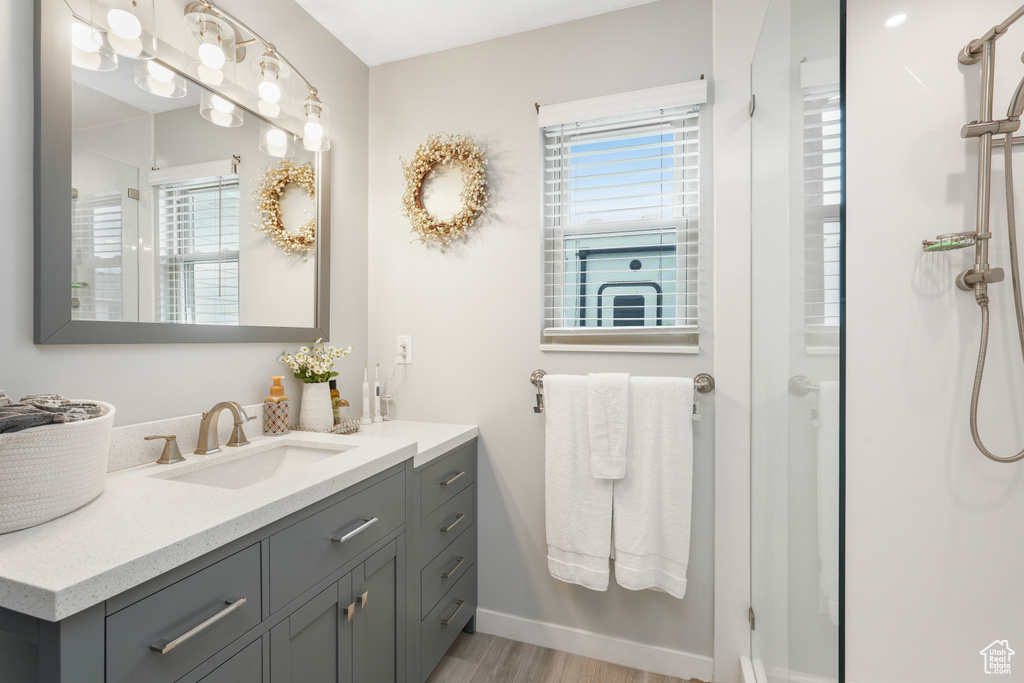 Bathroom with a wealth of natural light, vanity, and hardwood / wood-style flooring