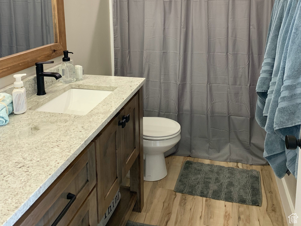 Bathroom with toilet, vanity, and hardwood / wood-style floors