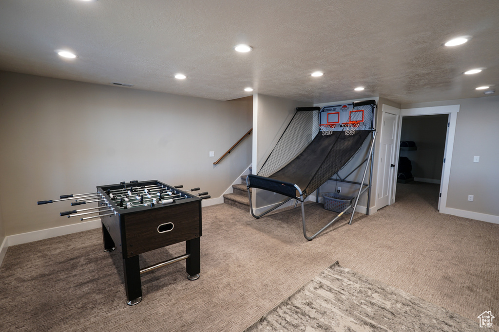 Recreation room featuring carpet and a textured ceiling