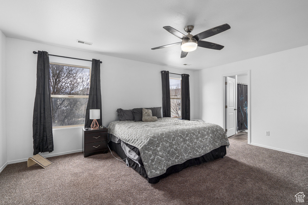 Bedroom with ceiling fan, carpet floors, and ensuite bathroom