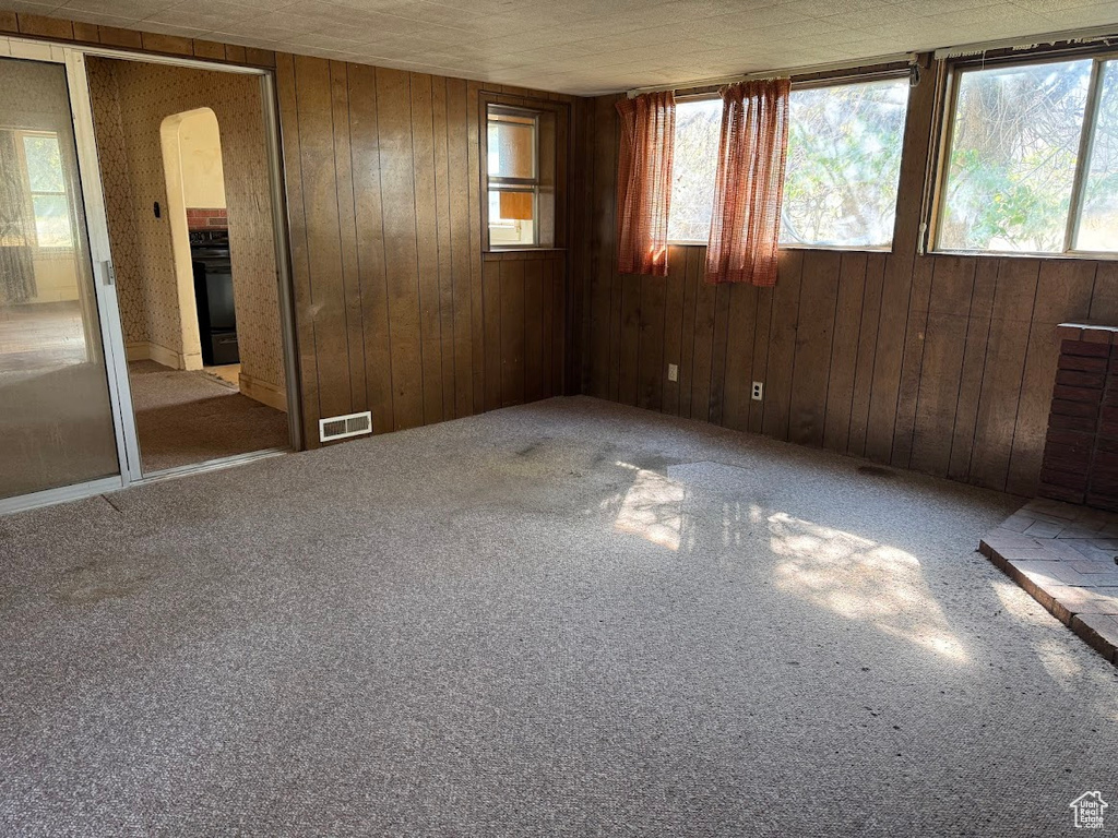 Carpeted spare room featuring wood walls