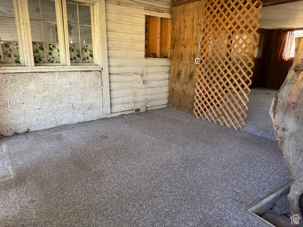 Interior space with wooden walls and carpet