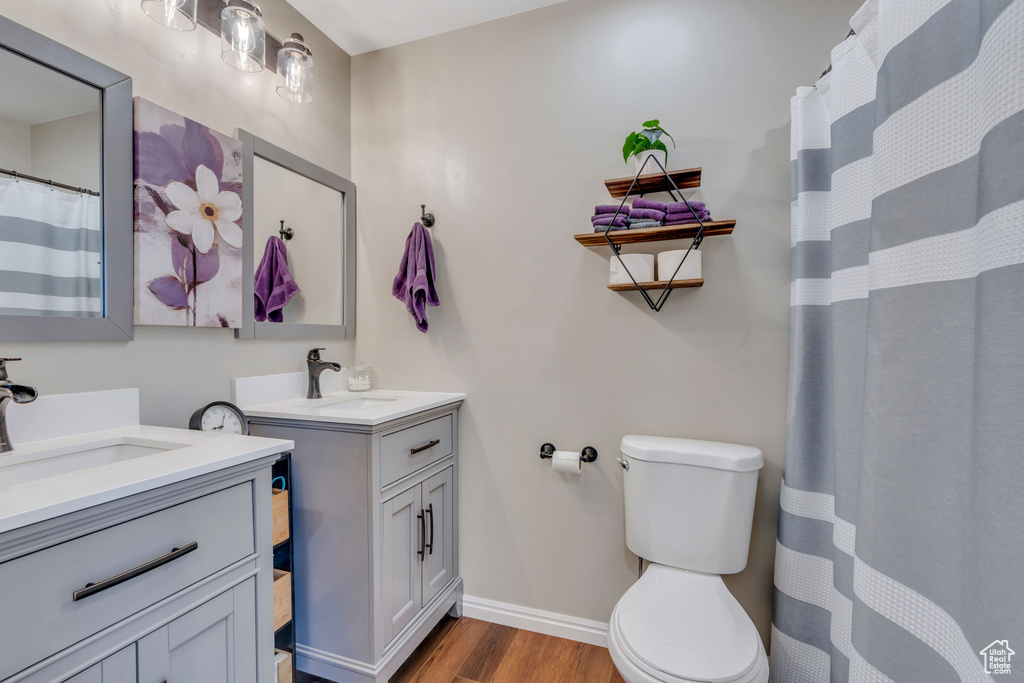 Bathroom featuring hardwood / wood-style floors, large vanity, and toilet