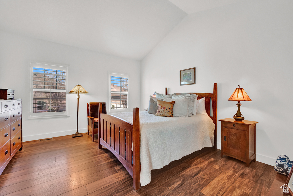Bedroom featuring high vaulted ceiling, dark hardwood / wood-style flooring, and multiple windows