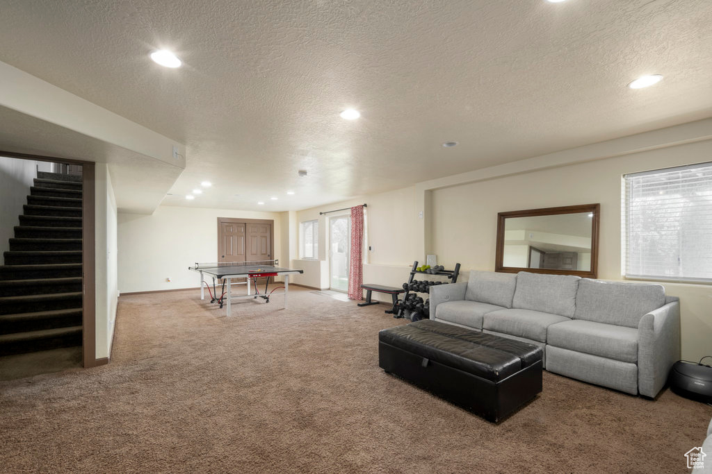 Carpeted living room with a textured ceiling