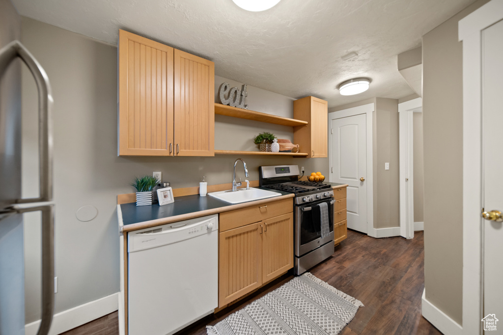 Kitchen with appliances with stainless steel finishes, dark wood-type flooring, light brown cabinets, and sink