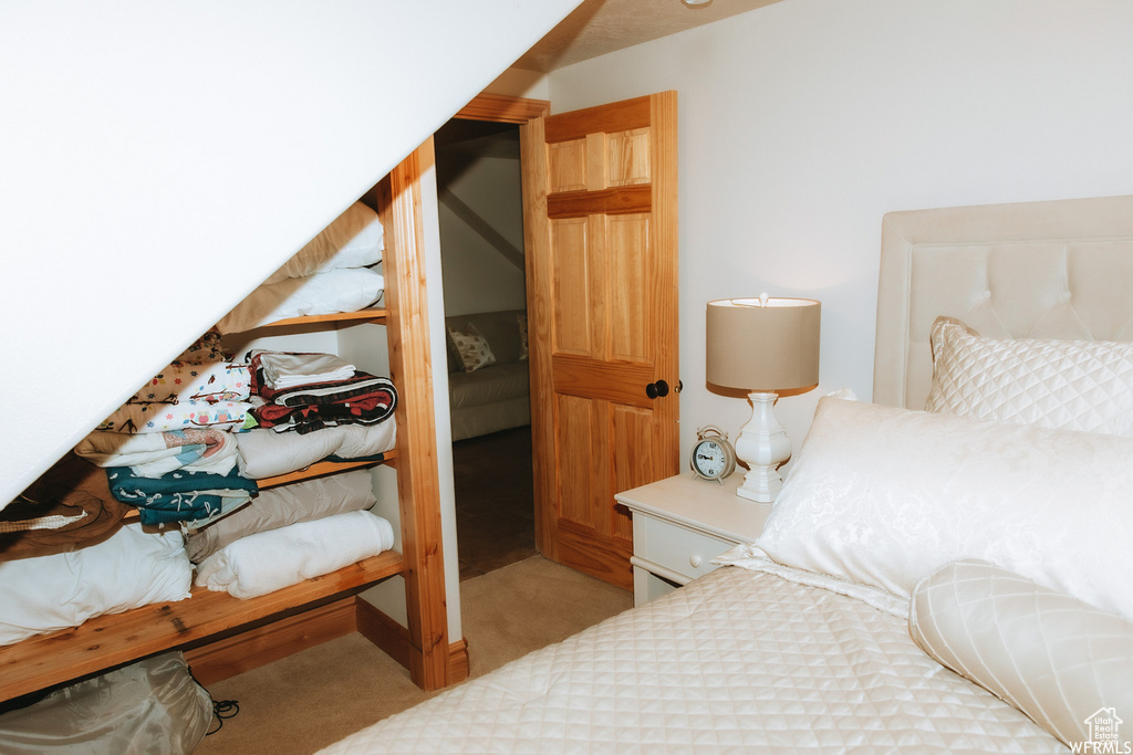 Bedroom with light colored carpet