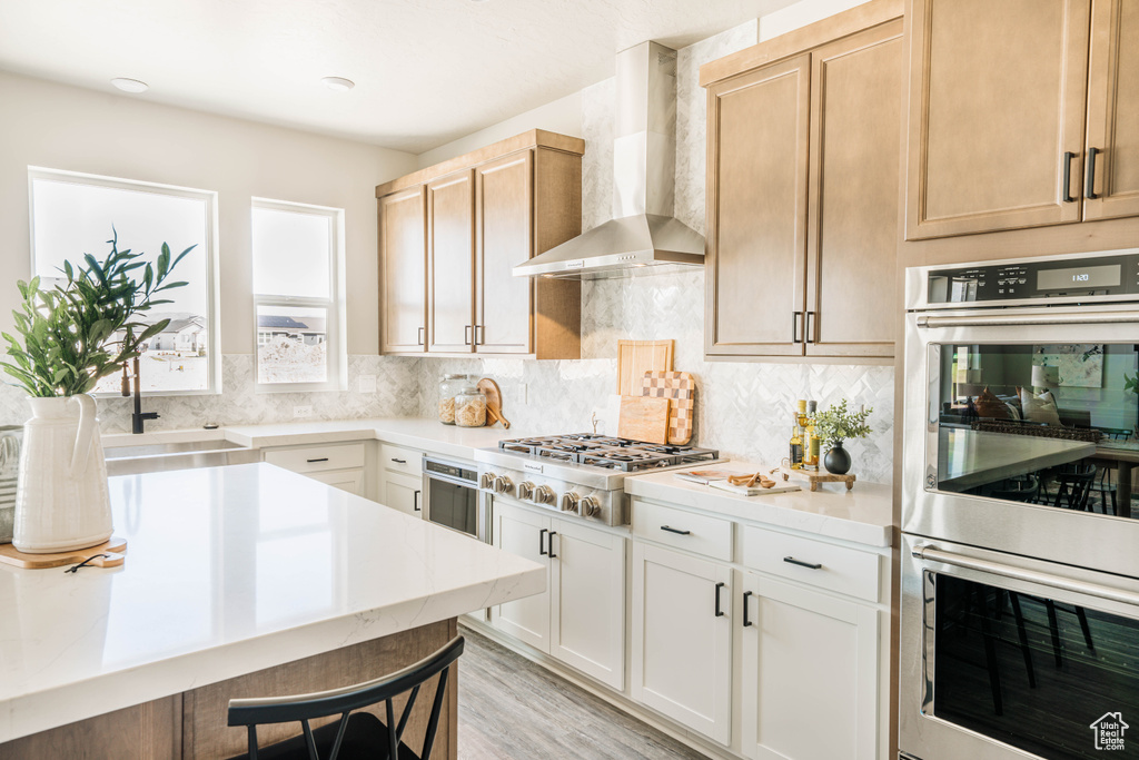 Kitchen with appliances with stainless steel finishes, wall chimney range hood, tasteful backsplash, and light hardwood / wood-style flooring