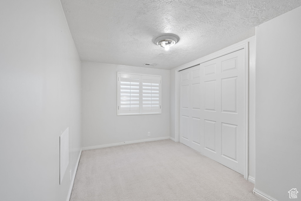 Interior space featuring a textured ceiling, light carpet, and a closet