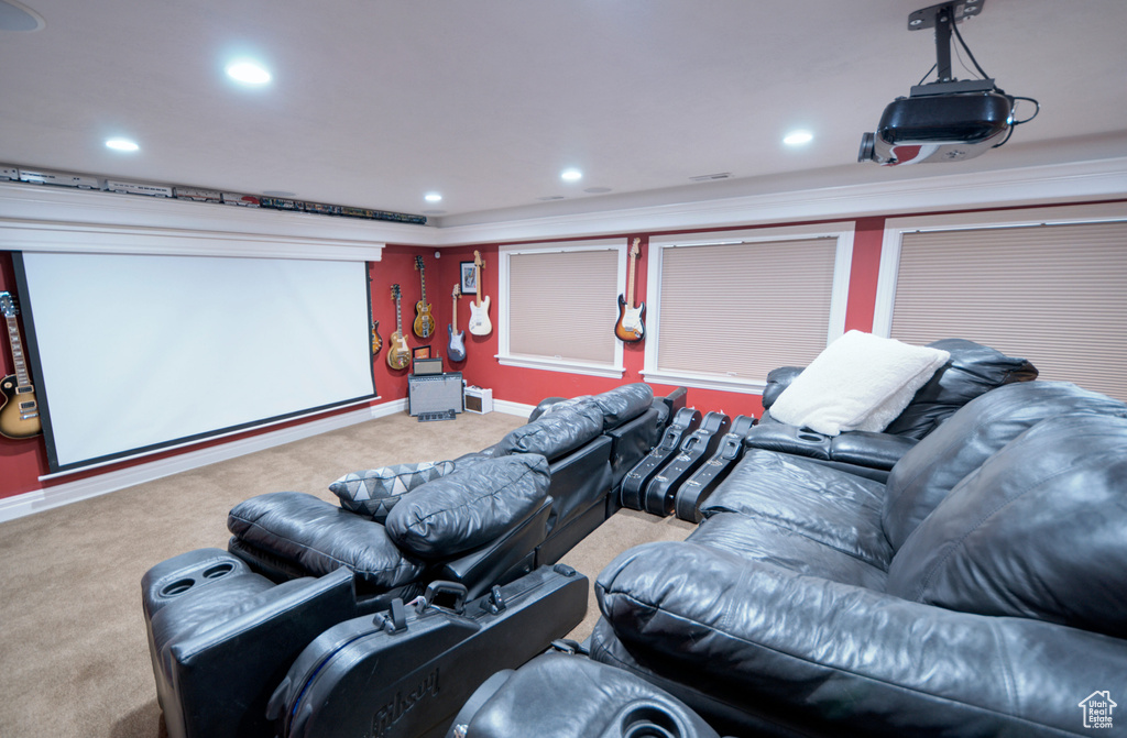 Home theater with light colored carpet