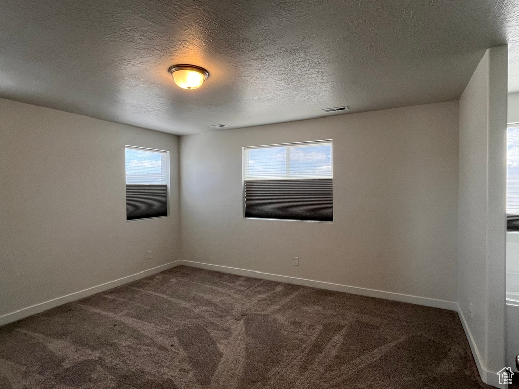 Spare room featuring plenty of natural light, dark carpet, and a textured ceiling