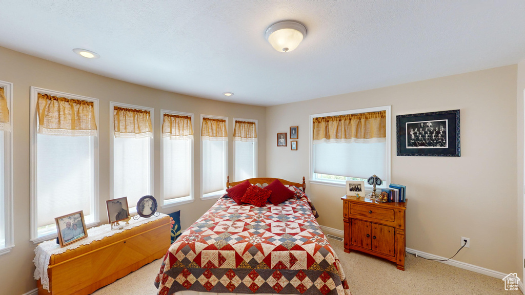 Carpeted bedroom with multiple windows