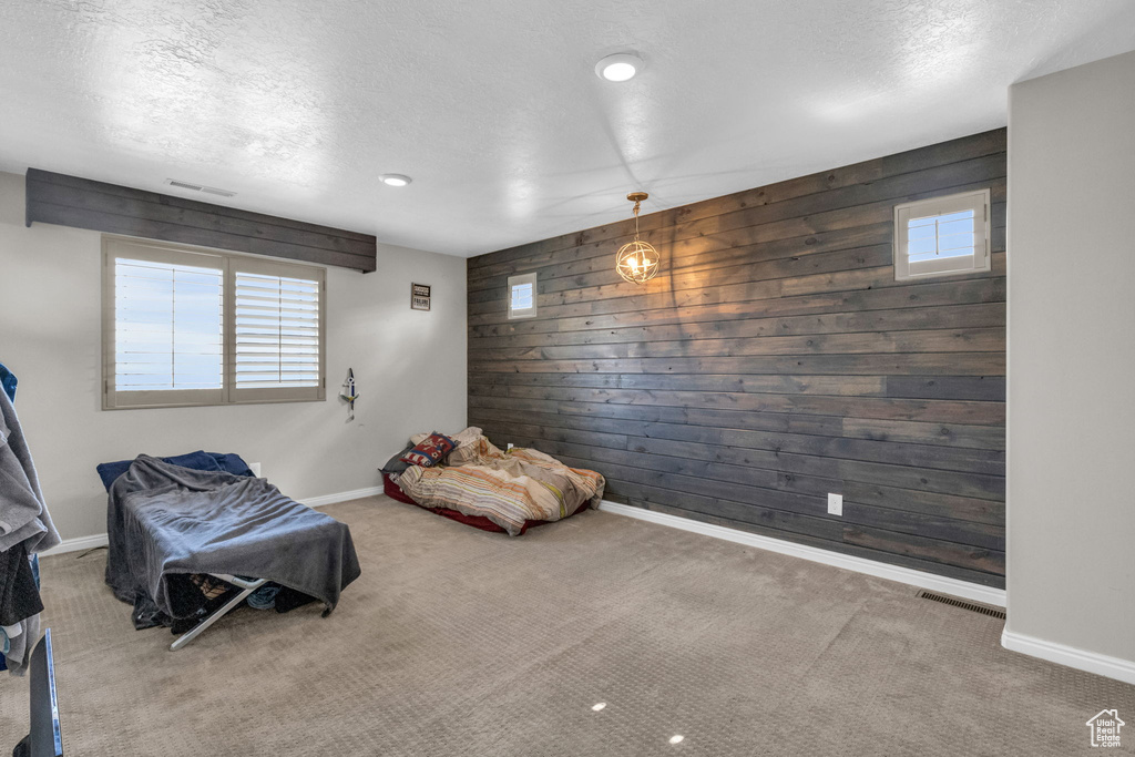 Living area with wooden walls, a textured ceiling, and carpet floors