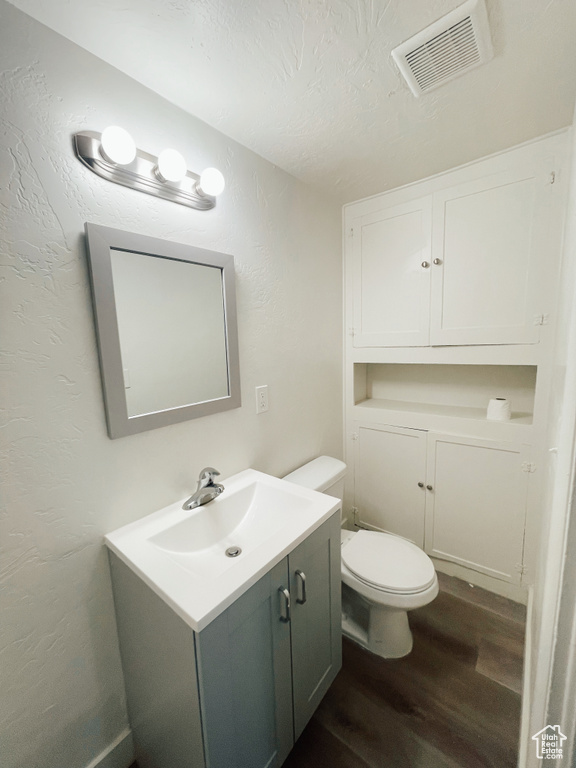 Bathroom with wood-type flooring, a textured ceiling, vanity, and toilet