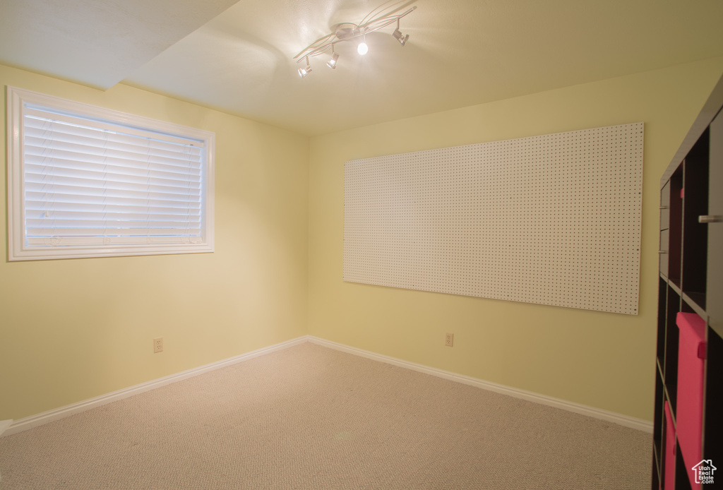 Empty room featuring rail lighting and carpet floors